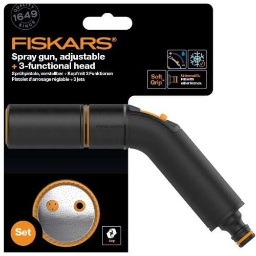 Fiskars Comfort postrekovacia pištoľ, nastaviteľná hlava + 3-funkčná závlahová hlava, čierna, oranžová, závlaha záhrady, tryska na hadicu