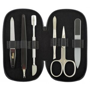 DUP Solingen 6 részes manikűrkészlet ollóval, körömreszelővel, bőrfeltolóval és csipesszel kék bőr tokban. - Manikűrkészlet