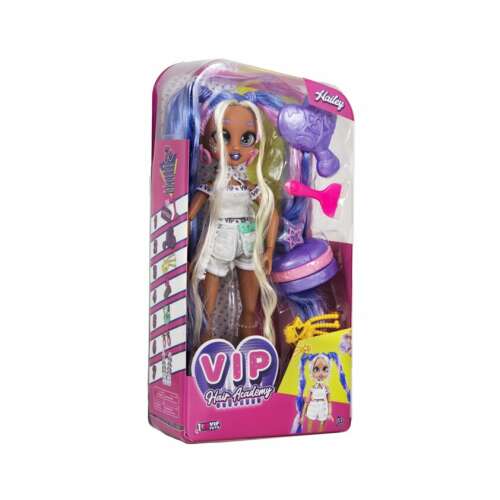 VIP Hair Academy Hailey baba hosszú lila és rózsaszín hajjal, fehér ruhában és csizmában, dobozban - IMC Toys