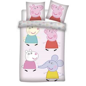 Peppa Pig Kinderbettwäsche-Set, 100x135cm Bettbezug und 40x60cm Kissenbezug, rosa und weiß gestreiftes Design mit Peppa Pig-Charakteren - Peppa Pig