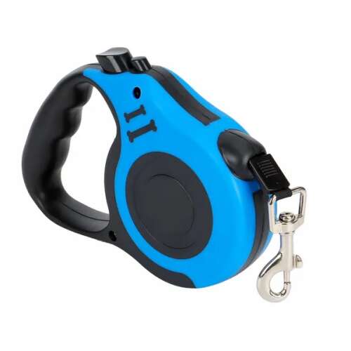 Blue retractable dog leash, 5 meters long, 15 kg weight capacity