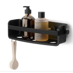 Umbra Adhesive zuhanypolc fekete, egy fekete zuhanypolc ragasztószereléssel, palackokat és kefét tart - Fürdőszoba bútor