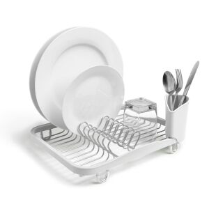 Umbra Sinkin Dish Rack - White and Nickel with dishes and utensils - Dish Rack