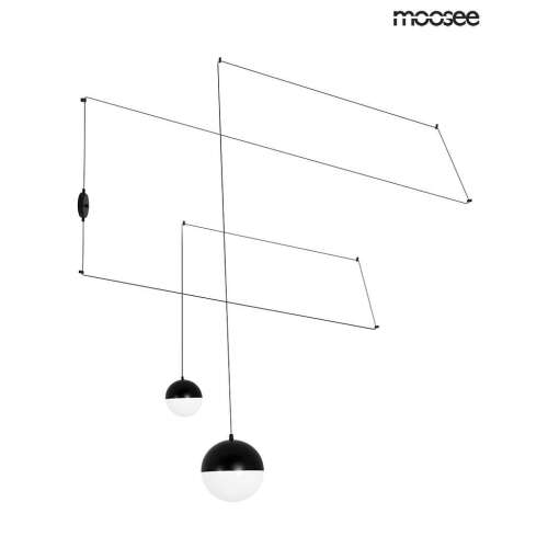 MOOSEE BOWL DUO fekete mennyezeti lámpa, két fekete-fehér gömb árnyékoló, minimalista design, geometrikus formák, modern világítás