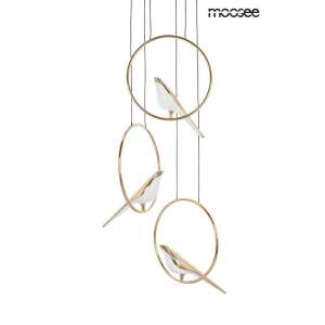 MOOSEE BIRD DISC arany függőlámpa, modern design, három fehér és arany madár egy arany gyűrűn, fekete kábelek, fekete mennyezeti szerelés - Moosee