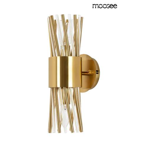 MOOSEE LORENZO arany fali lámpa, modern design, üveg és rozsdamentes acél, átlátszó árnyékolók, arany díszítések, egyedi vizuális hatás