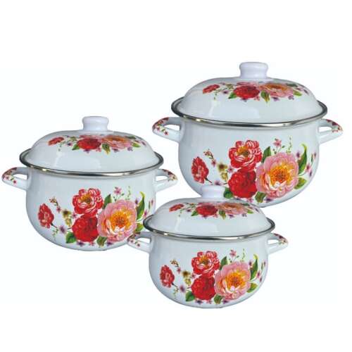 Set de vase emailate Rosberg R54518F3 cu design floral, 3 piese, alb