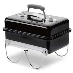 Weber Go-Anywhere portable charcoal grill, black and silver, closed, front view - Weber