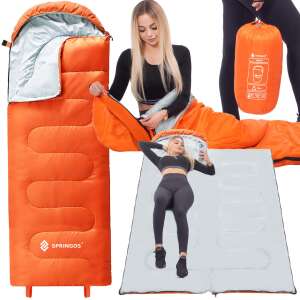 Sac de dormit Springos® Cs0120 Turista, sac de dormit portocaliu cu căptușeală gri, prezentat într-un colaj cu exemple de utilizare - Springos