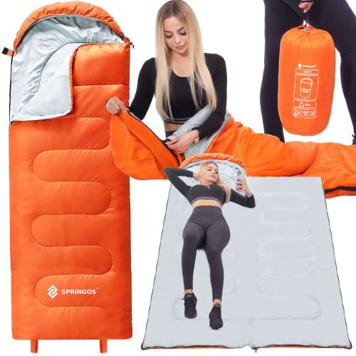 Springos® Cs0120 Turista Schlafsack, orangefarbener Schlafsack mit grauer Innenausstattung, in einer Collage mit Anwendungsbeispielen gezeigt