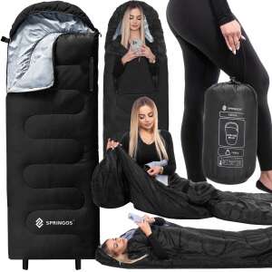 Springos® Cs0122 Turista hálózsák, black sleeping bag with grey lining, shown in use and packed in a bag - Camping & Hiking