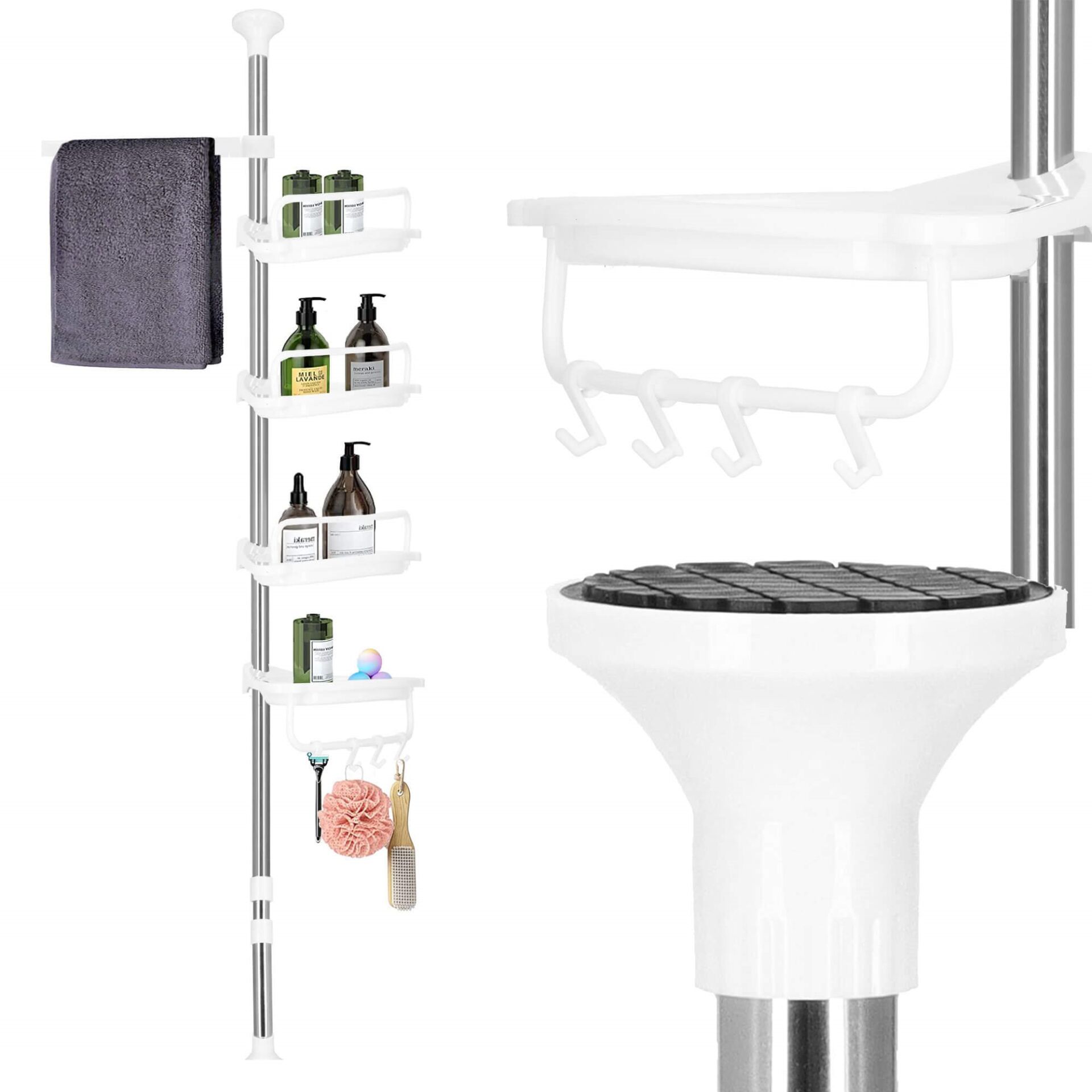 Springos fürdőszobai Sarokpolc, telepszkopos - Ezüst, Fehér