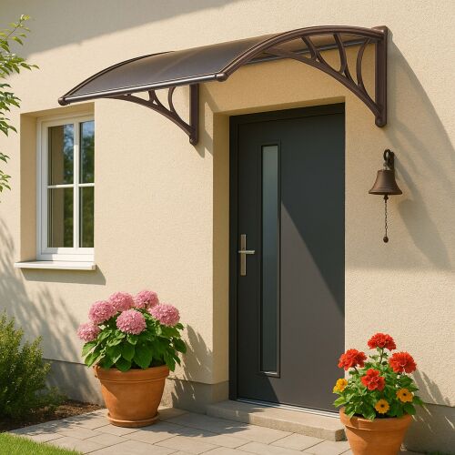 Springos brown entrance awning protecting doorway from weather