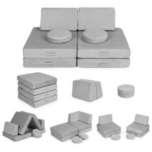 ECOTOYS moduláris gyermek kanapé, szürke, 8 darab, több konfiguráció, játszóház, erőd, kanapé, szék, puff - Babafotel