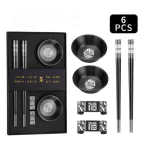 LUDORA® Traditional Chinese Chopsticks Set, Stainless Steel, 2 Mini Bowls Included, 2 Chopstick Rests, With Prints, Reusable, Non-Slip, Dishwasher Safe, For Serving - Cutlery
