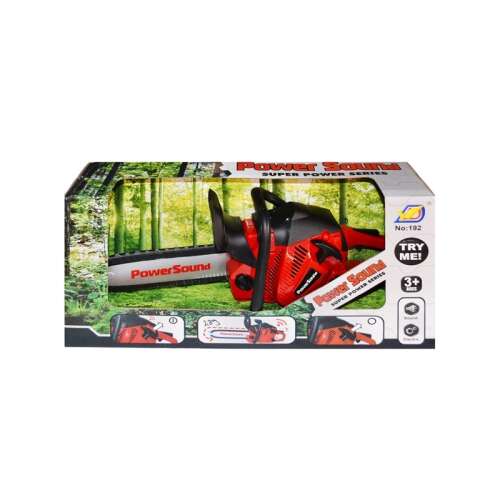 Piros és fekete játék láncfűrész hanghatásokkal, Power Sound márka, 39 cm hosszú, 3 éves kortól