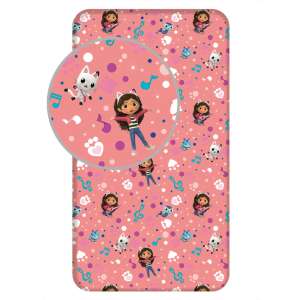 Gabi babaháza gumis lepedő 90x200 cm, rózsaszín pamut lepedő Gabby és macska karakterekkel - Jerry Fabrics