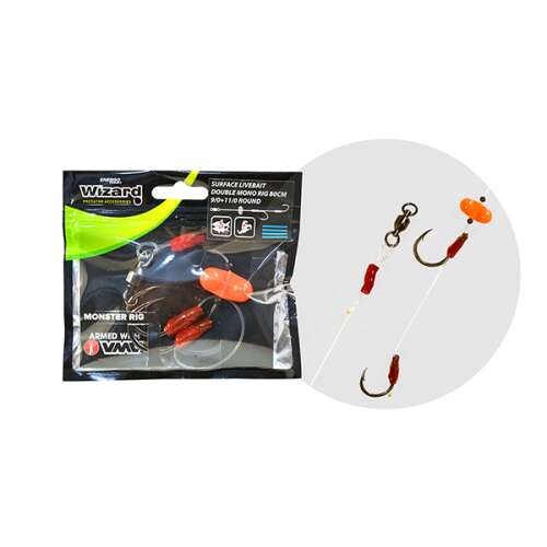 Wizard Monster Rig 7/0+9/0 Round Surface Livebait Double Mono Rig horgászfelszerelés - Rablóhalas aprócikk