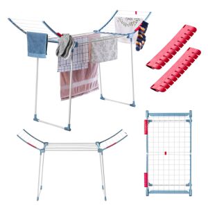 Leira Ruhaszárító - Összecsukható - Kollázs nyitott, összecsukott és részlet nézetekkel - Ruhaszárító
