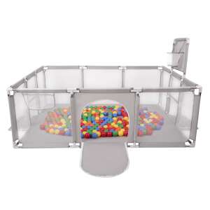 Szürke baba játszókeret kosárlabda palánkkal, focikapukkal és labda medencével - Járóka