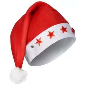 Piros és fehér Mikulás sapka fehér pomponnal és piros világító csillagokkal - Nonbrand Karácsonyi dekoráció