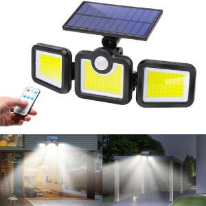 JD-2959A 171 COB LED napelemes mozgásérzékelős fali lámpa távirányítóval, 3 állítható fejjel, a fénynyaláb használat közben látható - Mozgásérzékelős lámpa