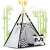 Nukido Kids Teepee Tent with Panda Pillows, Lights and Garland, Black and White, in a room setting