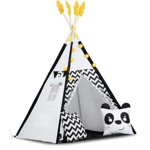 Nukido Kids Teepee Tent with Panda Pillows, Lights and Garland, Black and White