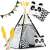 Nukido Kids Teepee Tent with Panda Pillows, Lights and Garland, Black and White, with close-up of details
