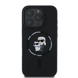 Karl Lagerfeld iPhone 16 Pro Max schwarze Hülle mit MagSafe und Karl Lagerfeld Choupette Design Nahaufnahme - Handyhüllen