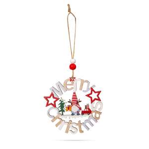 Wooden Christmas ornament with Merry Christmas inscription, gnome, stars and a red car - Christmas tree ornament