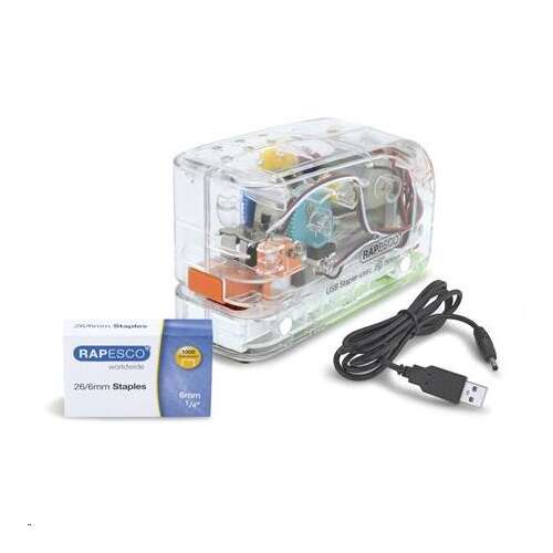 RAPESCO "626EL" Elektromos tűzőgép, 26/6, 15 lap, átlátszó, USB töltővel és tűzőkapcsokkal