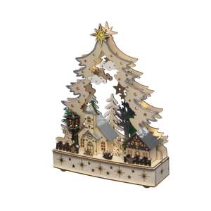 Home KAD26 satul de Crăciun decor de masă, pentru uz interior, 12 LED-uri albe calde, motive din lemn tăiate cu laser - Decorațiuni de Crăciun