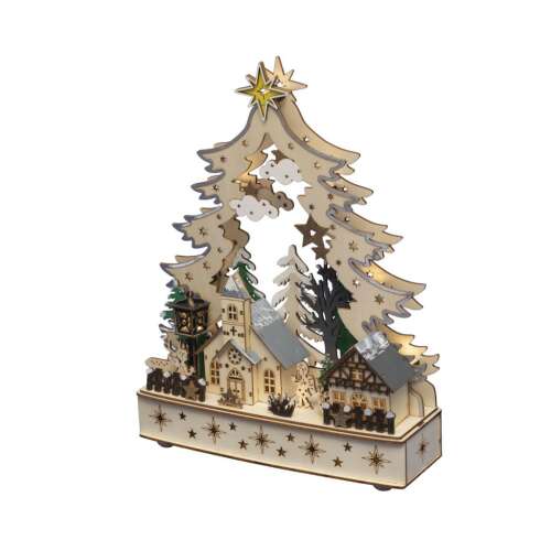 Home KAD26 Weihnachtsdorf Tischdekoration, für den Innenbereich, 12 warmweiße LEDs, lasergeschnittene Holzmotive