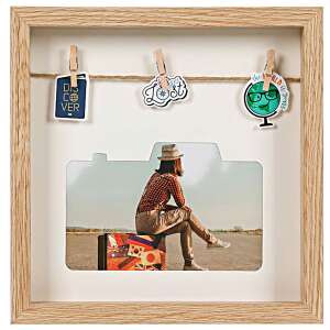 Wooden photo frame with 3 hooks, light brown, 20 x 20 x 3 cm, camera shape opening, for photos and stickers - Picture Frame