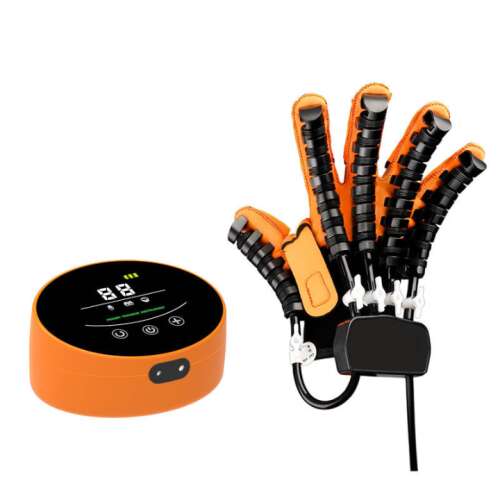 Robotic hand rehabilitation glove with control unit, orange and black, for stroke recovery