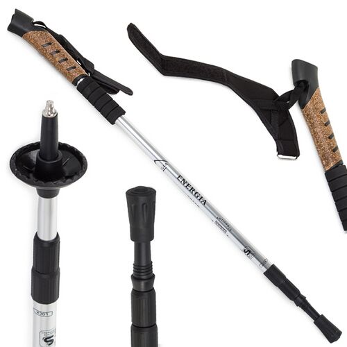 Energia Nordic walking pole with cork handle, adjustable height, and accessories