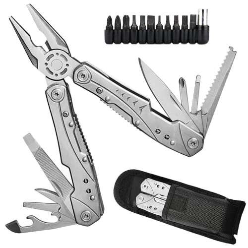 23 v 1 multitool s kliešťami, nožom, pílou, skrutkovačom, otváračom na fľaše a mnohými ďalšími