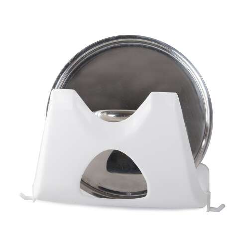 Biały uchwyt na pokrywki garnków z haczykami, widok z przodu