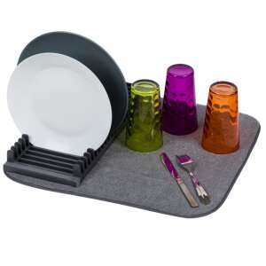 Dish drying rack with integrated towel, gray, 46 x 31 cm, with plates, glasses and cutlery - Dish Rack