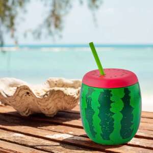 Watermelon shaped plastic cup with a green straw, 1 liter capacity - Cups with straw