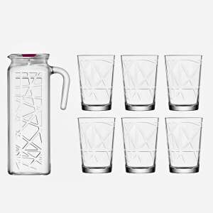 Italok és poharak felszolgálására szolgáló edénykészlet, geometrikus minta, átlátszó, 1 edény 1,2 l, 6 pohár 200 ml 107156153 - Kancsó