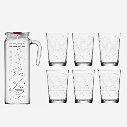 Set recipient pentru servit bauturi si pahare model geometric, Transparent, 1 recipient 1.2 l, 6 pahare 200 ml 107156153