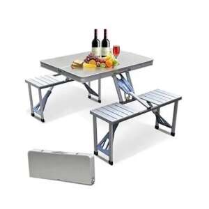 Folding camping table with 4 chairs, gray, aluminum, picnic table, outdoor table, portable table - Camping & Hiking