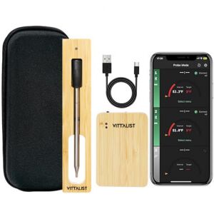 Vittalist wireless meat thermometer with charging station, USB cable, and carrying case, displayed with mobile app interface - Kitchen Thermometer