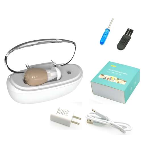 NeoHGS rechargeable hearing aid with charging case, cleaning brush, screwdriver, and USB cable
