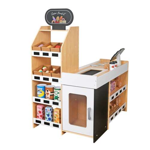 Timeless Tools wooden supermarket playset with accessories, featuring a cash register, shelves, and a variety of pretend food items