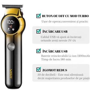 Professzionális VGR V-989 nyírógép, szakállkontúrhoz és testhez, LED-kijelző, akkumulátorral, rozsdamentes acél pengék, speciális többféle sebesség a vágáshoz és kontúrozáshoz, 3 rács 1,5 mm-