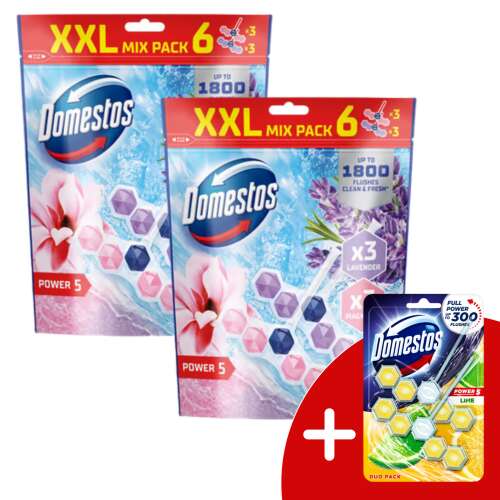 Domestos Power 5 Osviežovač do WC XXL Mix Pack 6, 3 Levanduľa & 3 Magnolia, s darčekom Domestos Duo Osviežovač do WC