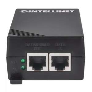 Intellinet 561518 Gigabit Ethernet PoE Adapter, schwarz, Vorderansicht, zeigt Anschlüsse und LEDs - Intellinet
